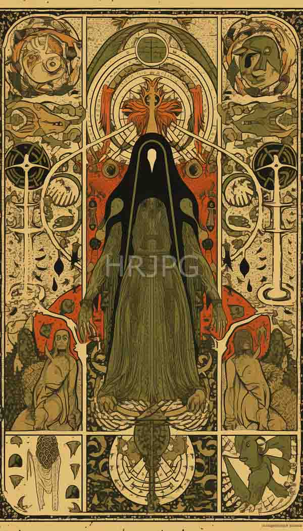 High Resolution: Vintage Art Nouveau style features central imposing figure hooded flowing green robe standing arms slightly outstretched download. | HRJPG.com