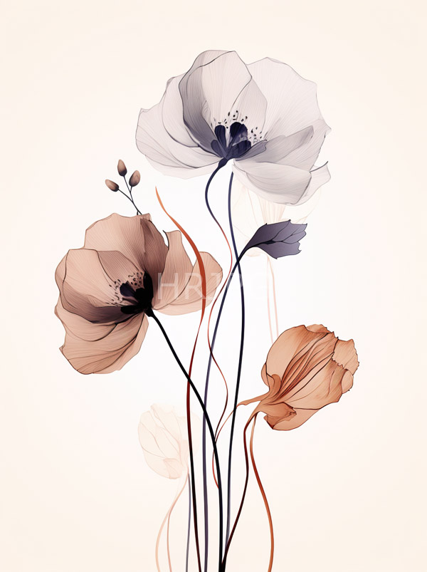 High Resolution: Four delicate semi-transparent flowers thin black stems flowers shades white brown and orange dark centers download. | HRJPG.com