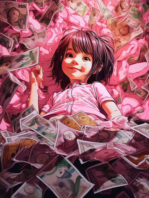 High Resolution: Young girl short brown hair wearing pink shirt lying amidst chaotic pile variously colored and sized banknotes download. | HRJPG.com