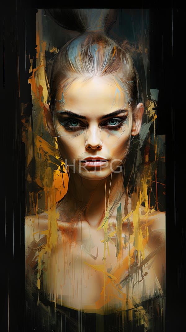 High Resolution: Stern-faced light-skinned woman striking blue eyes dark makeup high ponytail She has bare shoulder and surrounded abstract dripping download. | HRJPG.com