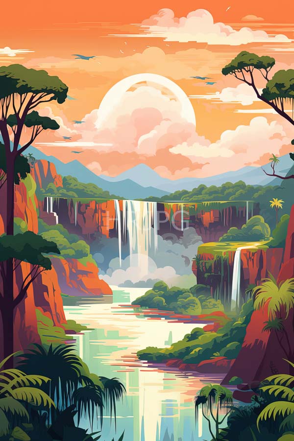 High Resolution: Vibrant tropical landscape sunset large waterfall cascades reflective river surrounded lush greenery and towering trees download. | HRJPG.com