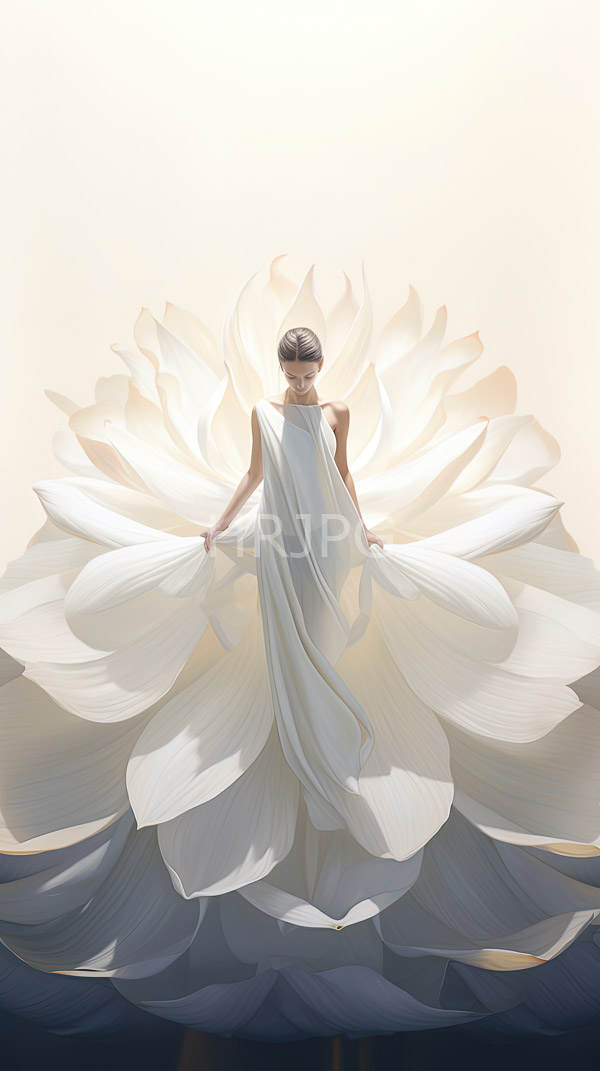 High Resolution: Slender dark-skinned woman short sleek hair wearing flowing white sleeveless dress that resembles large blooming flower download. | HRJPG.com