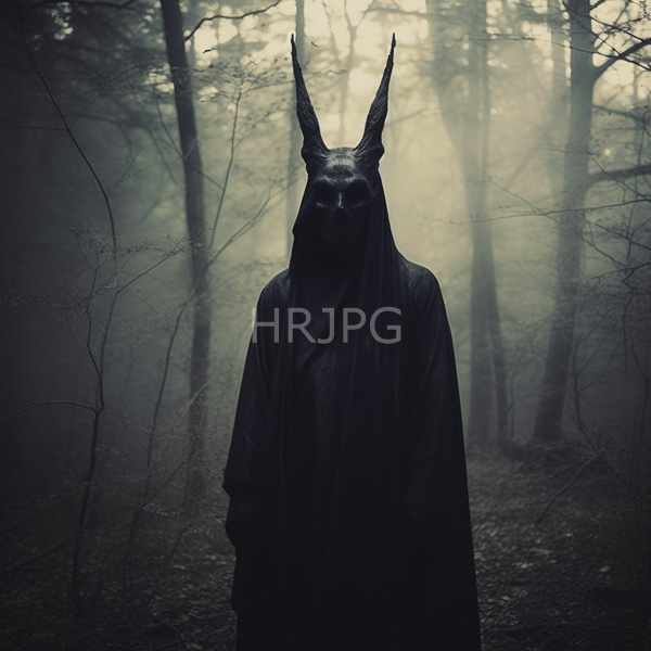 High Resolution: Mysterious dark figure foggy forest figure centered and facing forward wears black hooded cloak tall pointed rabbit-like download. | HRJPG.com