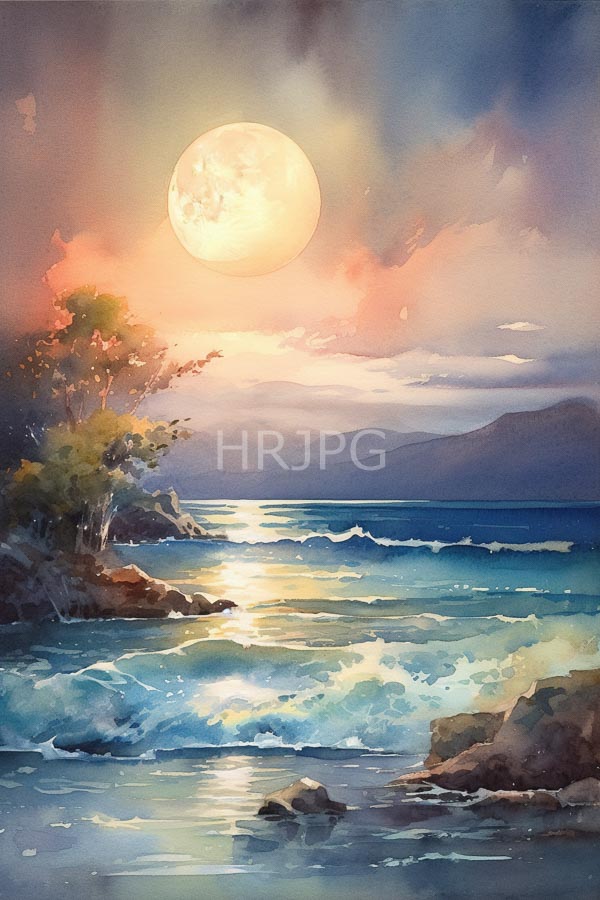 High Resolution: Watercolor serene coastal sunset large glowing full moon illuminates sky warm orange and pink hues download. | HRJPG.com