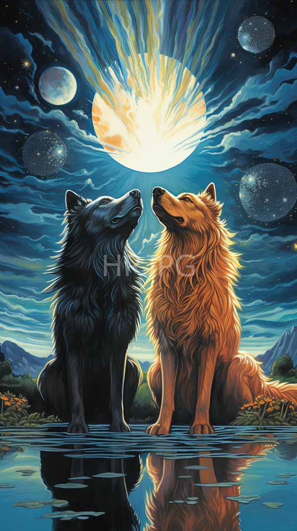 High Resolution: Two wolves one black one golden sitting side side reflective pond under radiant full moon wolves gaze upward download. | HRJPG.com