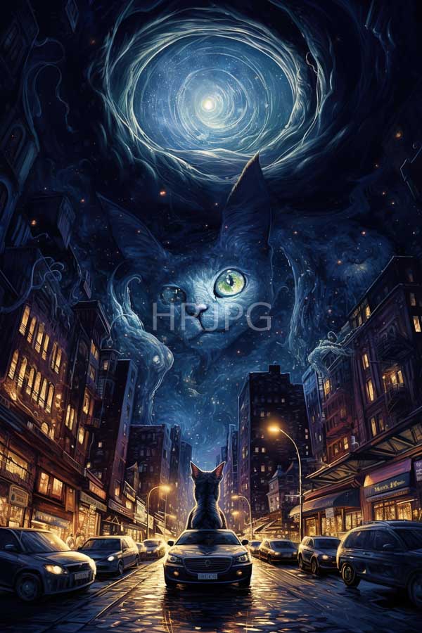 High Resolution: Fantasy dark urban street night large ethereal cat glowing green eyes swirling celestial vortex above its head looms download. | HRJPG.com