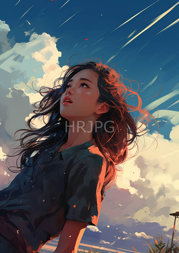 High Resolution: Young woman long flowing dark hair wearing dark green shirt gazing upward vibrant sky filled white clouds streaks download. | HRJPG.com