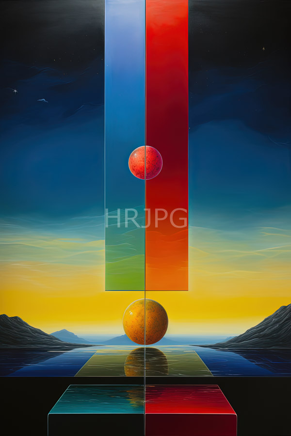 High Resolution: Surreal symmetrical landscape Central vertical red blue and green rectangles intersect small red planet download. | HRJPG.com
