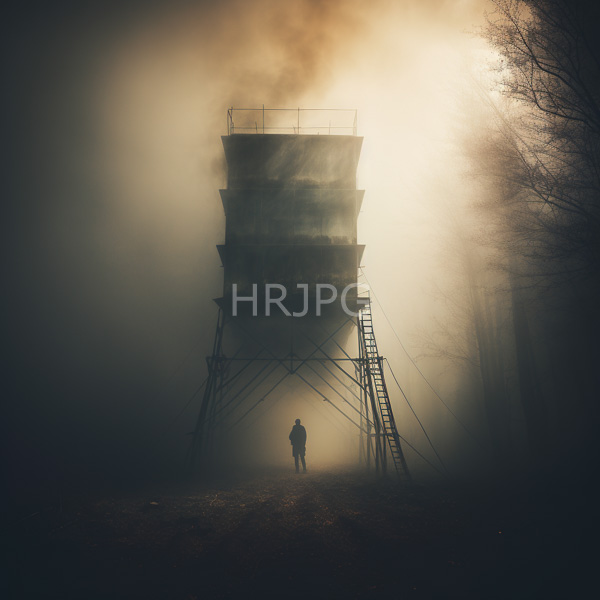 High Resolution: Misty forest scene tall dark industrial tower multiple levels supported metal lattice structure lone figure dressed dark clothing download. | HRJPG.com