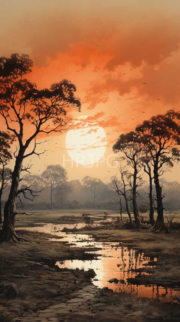 High Resolution: Serene sunset over tranquil river sun large glowing orb partially obscured orange and red clouds Silhouetted trees sparse download. | HRJPG.com