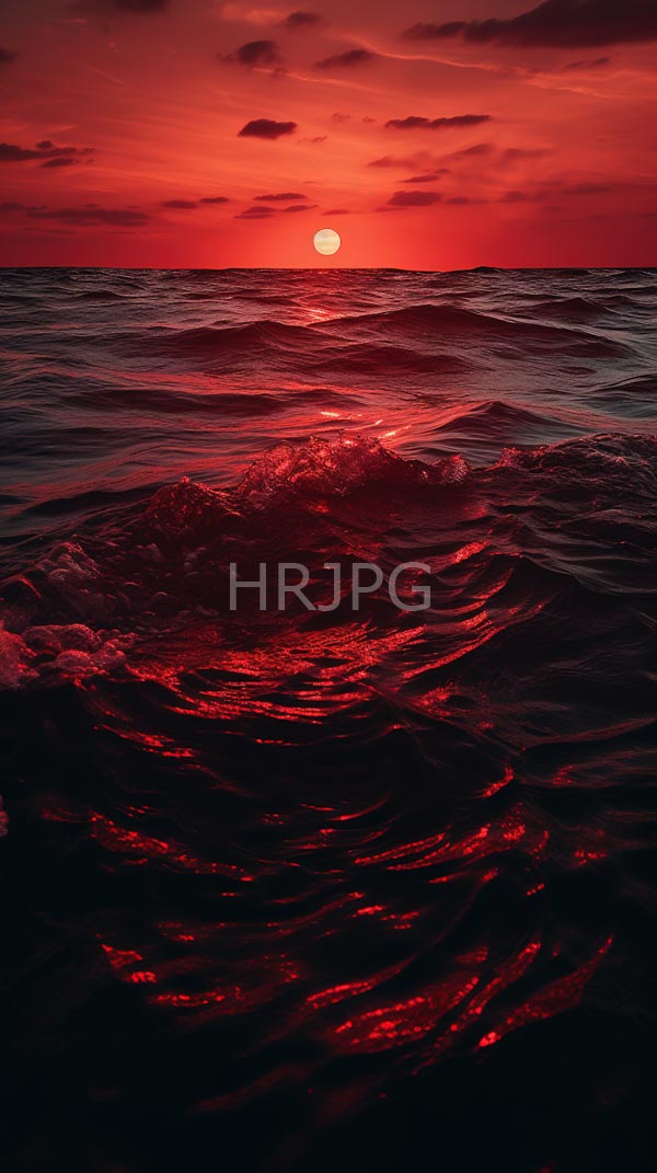 High Resolution: Vivid red sunset over dark rippling ocean sun bright glowing orb near horizon surrounded scattered clouds download. | HRJPG.com