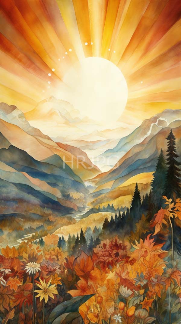 High Resolution: Watercolor vibrant autumn landscape radiant sun rays illuminates background casting light over layered blue and brown mountains download. | HRJPG.com