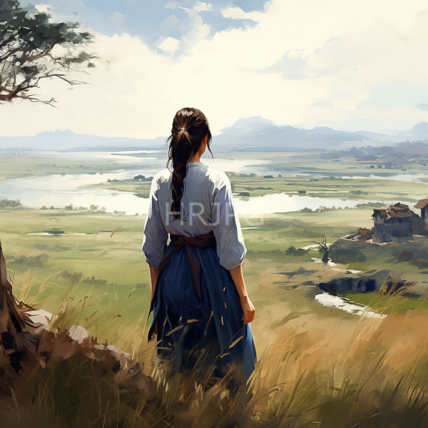 High Resolution: Woman long braided brown hair wearing white blouse blue skirt standing grassy hill facing vast sunlit landscape lake mountains download. | HRJPG.com