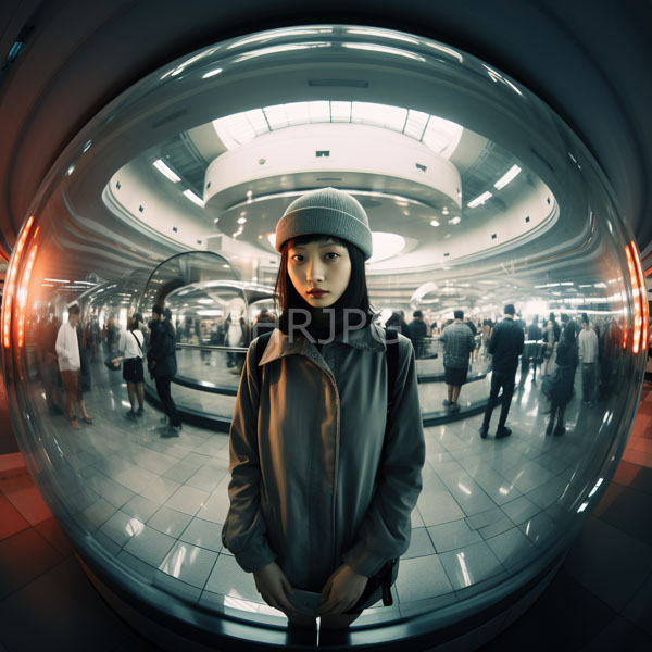 High Resolution: Asian woman long black hair wearing gray beanie dark jacket backpack standing modern circular subway station fisheye lens download. | HRJPG.com