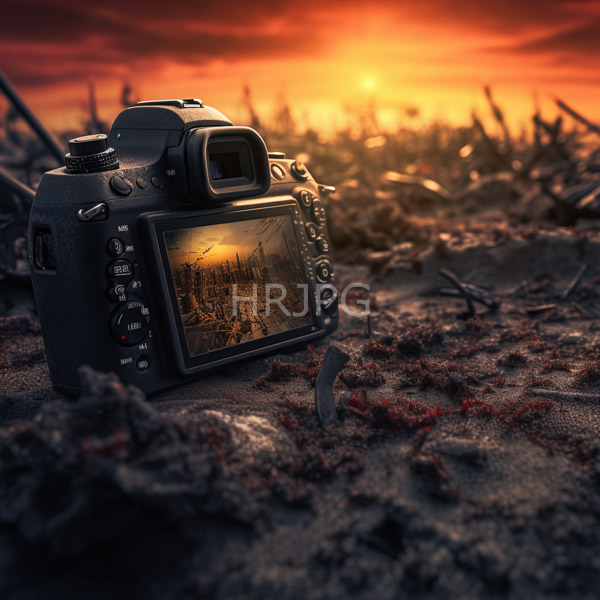 High Resolution: Black DSLR camera visible cityscape sunset its screen placed textured rocky and grassy terrain camera positioned foreground slightly download. | HRJPG.com