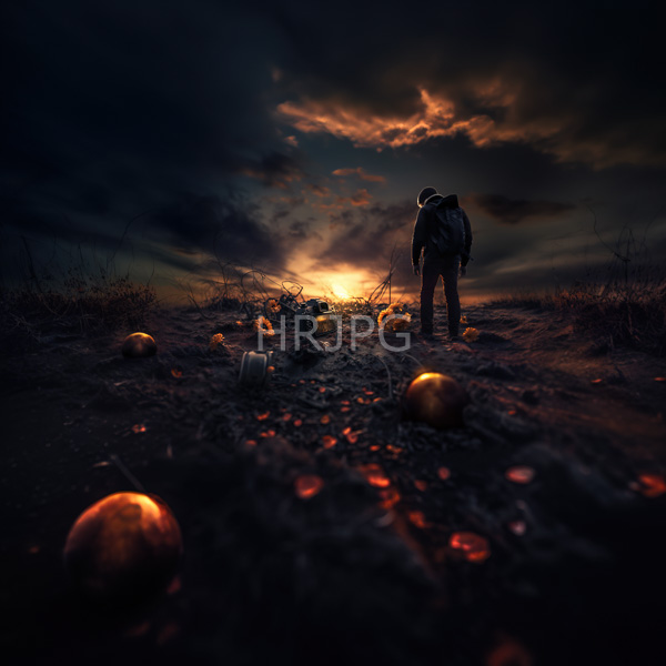 High Resolution: Solitary figure dark clothing hat standing desolate rocky landscape sunset figure faces away gazing dramatic cloud-filled sky download. | HRJPG.com