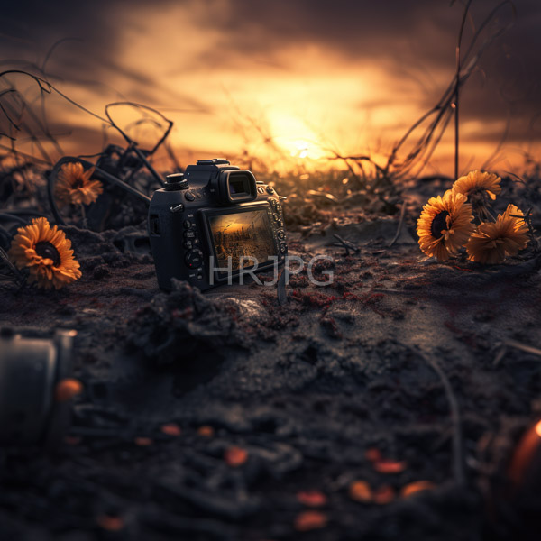 High Resolution: Black DSLR camera visible screen angled slightly right set field dry brown grass scattered yellow sunflowers download. | HRJPG.com