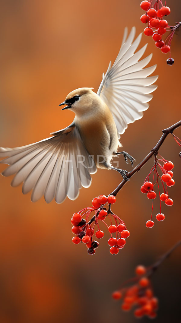 High Resolution: Small beige and black-capped bird white wings mid-flight perched branch vibrant red berries download. | HRJPG.com