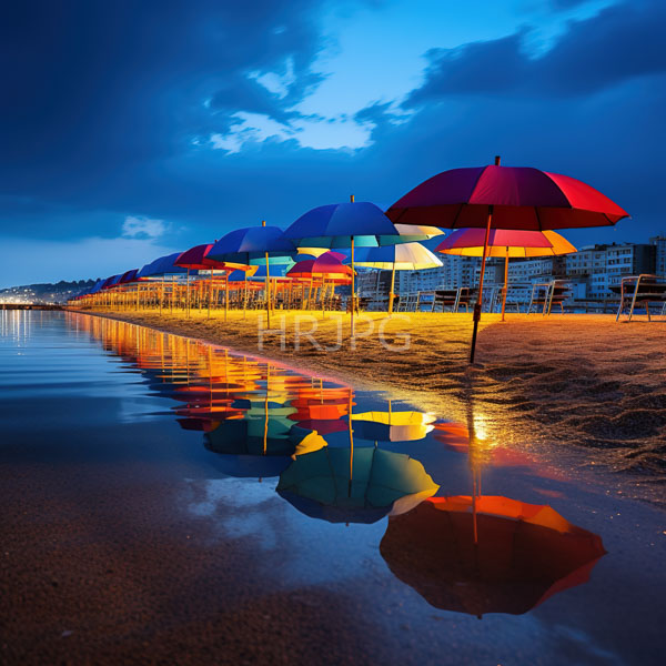 High Resolution: Beach dusk row colorful beach umbrellas (red blue purple and green) lined up sand umbrellas' reflections vividly mirrored shallow download. | HRJPG.com