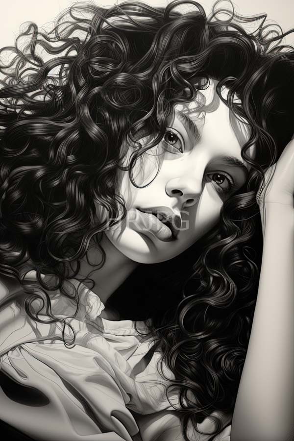 High Resolution: Highly detailed black-and-white young woman voluminous curly dark hair She gazes pensively side her lips slightly parted download. | HRJPG.com