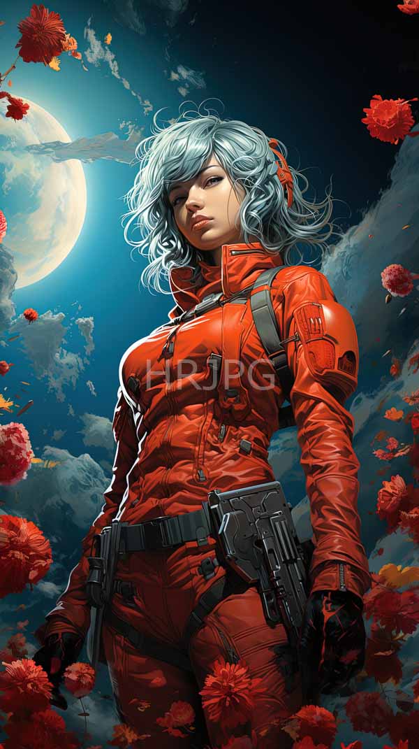 High Resolution: Strong blue-haired woman tight orange jumpsuit black gloves gun holster stands confidently moonlit sky filled red flowers download. | HRJPG.com