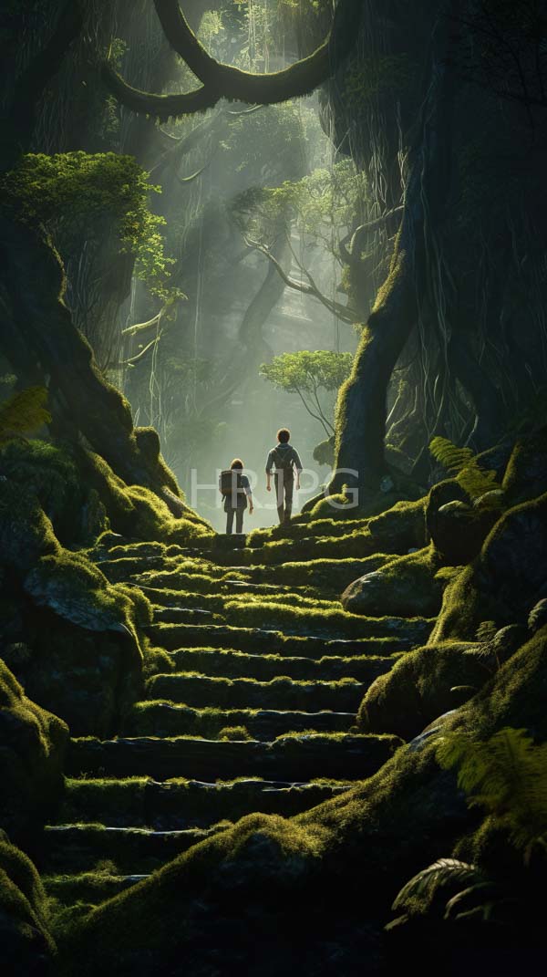 High Resolution: Mystical forest two silhouetted figures walking up moss-covered stone steps forest dense towering twisted trees lush greenery download. | HRJPG.com