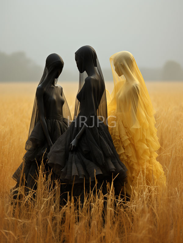 High Resolution: Three faceless dark-skinned mannequins elegant dresses standing golden wheat field Two wear sheer black veils black dresses one wears download. | HRJPG.com