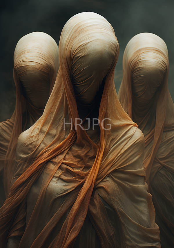 High Resolution: Three faceless humanoid figures smooth featureless heads wrapped flowing translucent fabric shades beige and orange fabric intricately draped download. | HRJPG.com