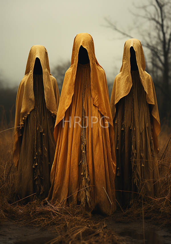 High Resolution: Three eerie hooded figures standing foggy barren field They wear tattered orange and brown cloaks long hanging fabric download. | HRJPG.com