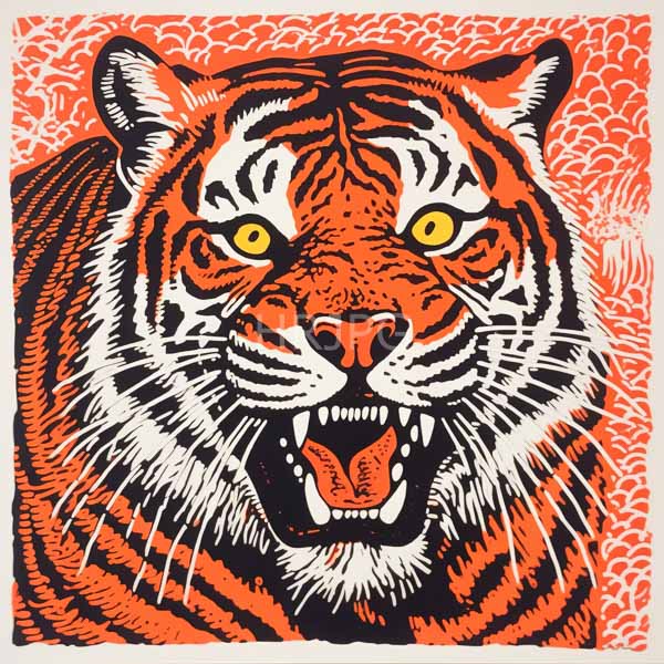 High Resolution: Vibrant stylized roaring tiger's face tiger has bright yellow eyes open mouth sharp teeth white muzzle download. | HRJPG.com