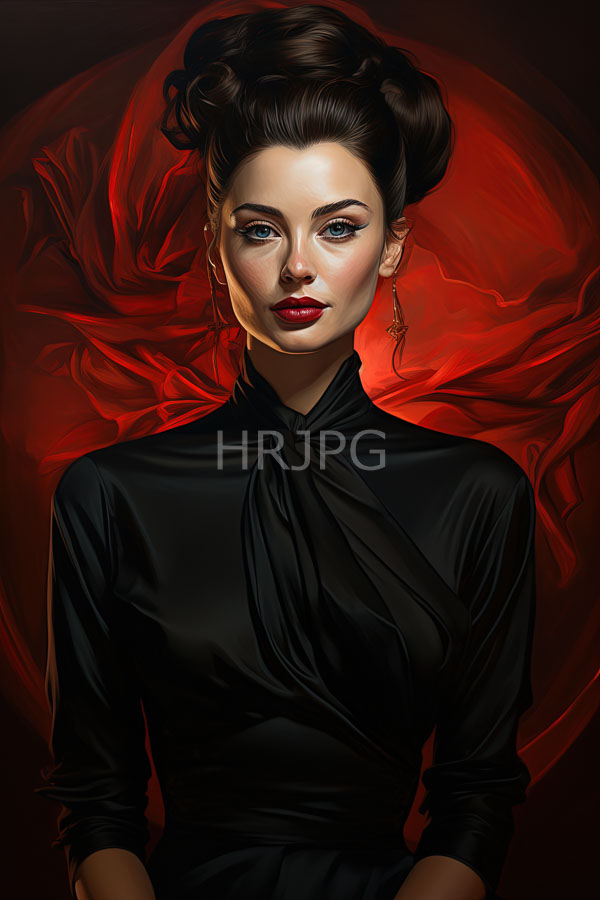High Resolution: Beautiful woman fair skin dark brown hair elegant updo striking red lipstick She wears sleek black high-neck dress tied download. | HRJPG.com