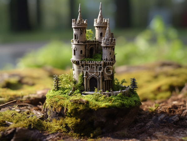 High Resolution: Detailed miniature medieval castle multiple towers arched windows central entrance set moss-covered tree-stump island download. | HRJPG.com