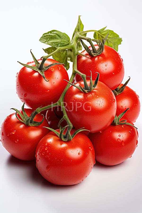 High Resolution: Cluster nine vibrant red cherry tomatoes green stems and leaves glistening water droplets tomatoes arranged slightly overlapping pyramid download. | HRJPG.com