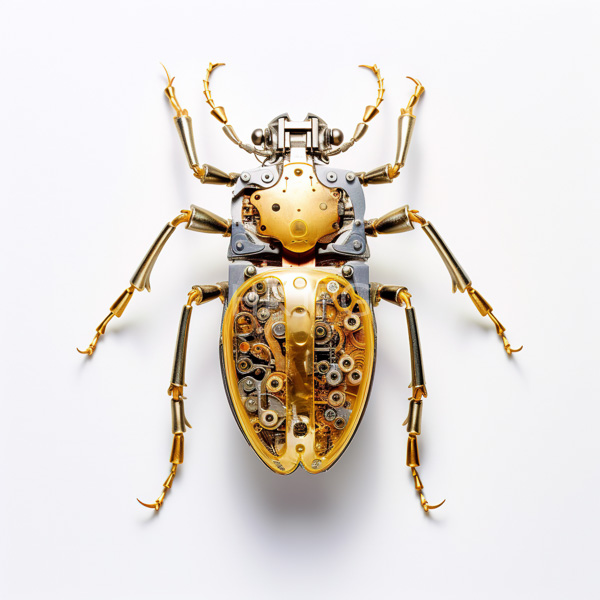 High Resolution: Metallic gold and silver robotic beetle white beetle's body intricately detailed visible gears cogs and joints resembling steampunk download. | HRJPG.com