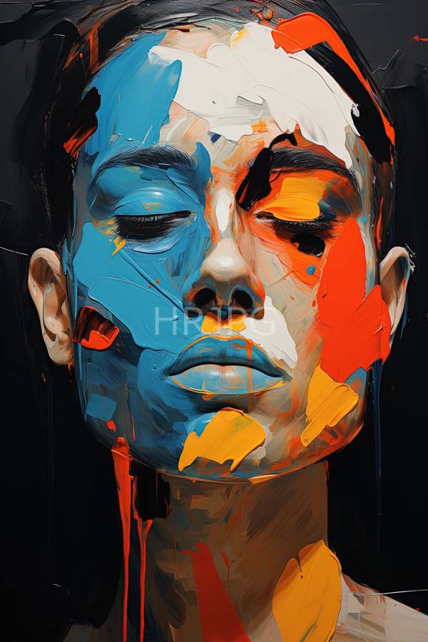 High Resolution: Close-up portrait person mixed-race appearance blend blue white orange and black paint their face person's eyes are closed download. | HRJPG.com