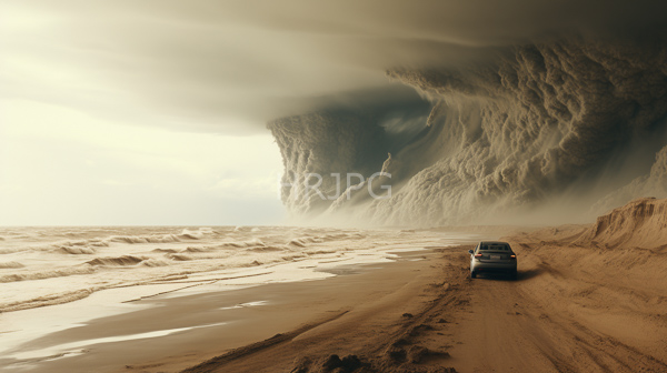 High Resolution: Desolate beach large textured rock formation under cloudy sky silver SUV parked sandy tire-tracked shore facing turbulent download. | HRJPG.com