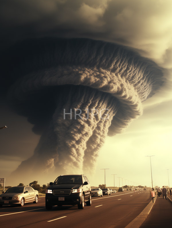 High Resolution: Dramatic towering spiral-shaped cloud formation above multi-lane highway cloud textured rippled layers dominates sky casting shadow over download. | HRJPG.com
