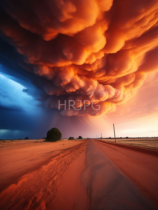 High Resolution: Dramatic sunset sky vivid textured clouds orange and red hues right transitioning dark blue left deserted sandy road download. | HRJPG.com