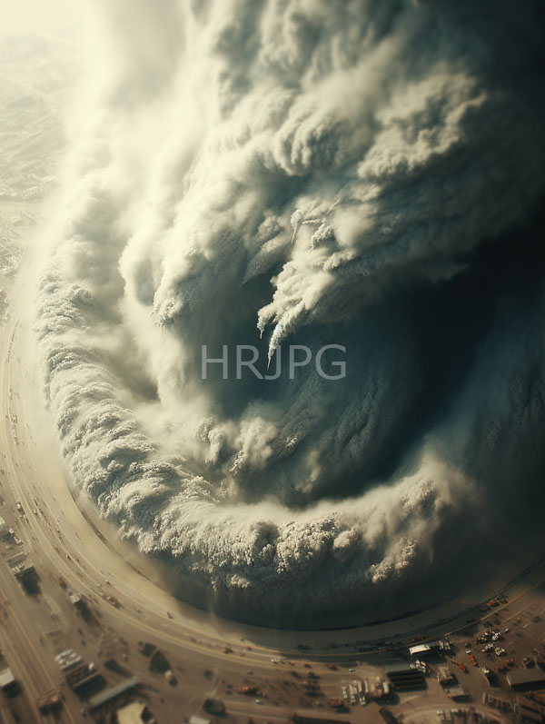High Resolution: Aerial massive swirling tornado cloud over desert-like landscape tornado's dark turbulent center surrounded dense white and gray clouds download. | HRJPG.com