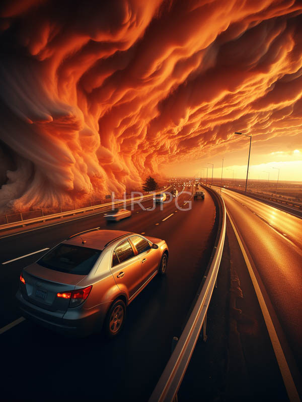 High Resolution: Highway sunset surreal cloud-like sky vivid orange and red hues silver sedan leads several other cars multi-lane road download. | HRJPG.com
