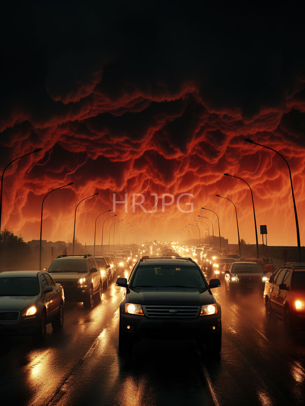 High Resolution: Nighttime highway scene surreal fiery red cloud-filled sky Cars headlights including black sedan center drive wet reflective road download. | HRJPG.com