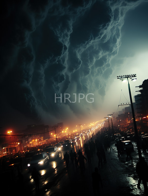 High Resolution: Stormy night scene wet crowded street Dark swirling clouds lightning streaks dominate sky Bright orange streetlights and car headlights download. | HRJPG.com