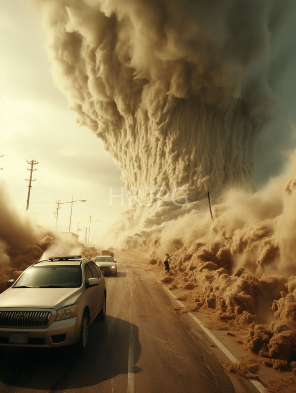 High Resolution: Desolate sunlit road massive towering dust storm right creating dramatic textured cloud Two white SUVs parked left lone download. | HRJPG.com