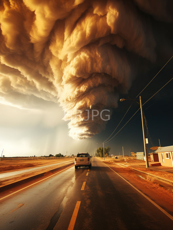 High Resolution: Dramatic towering cumulonimbus cloud formation above deserted two-lane road sunset white SUV drives down center streetlamp sparse download. | HRJPG.com