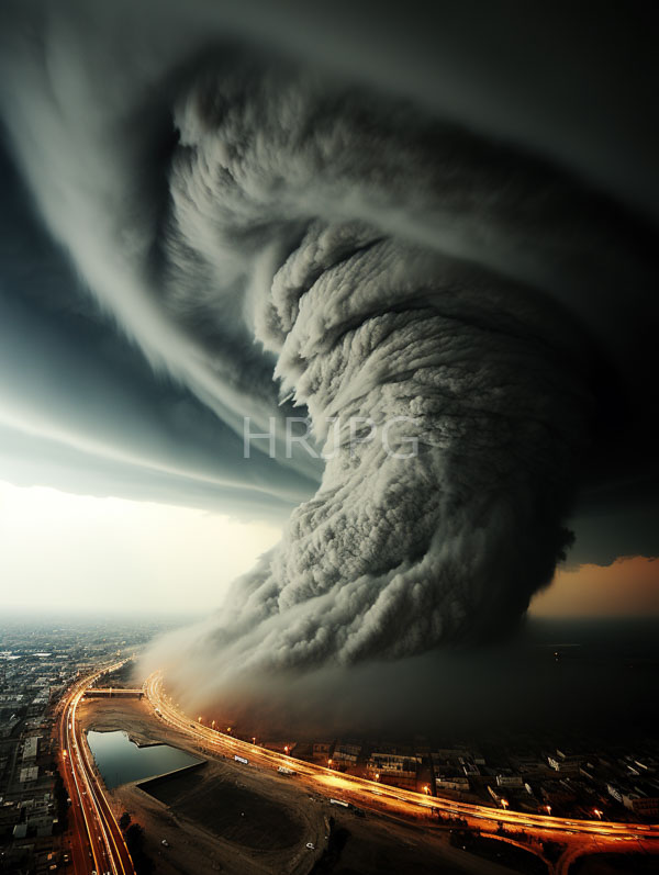 High Resolution: Massive swirling dark gray tornado cloud towering over cityscape night tornado's base touches highway bright orange car lights creating download. | HRJPG.com