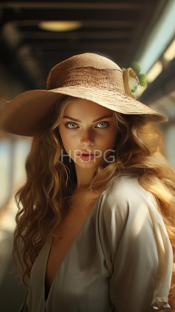 High Resolution: Young woman long wavy blonde hair wearing large beige sunhat green ribbon She has striking green eyes and fair download. | HRJPG.com