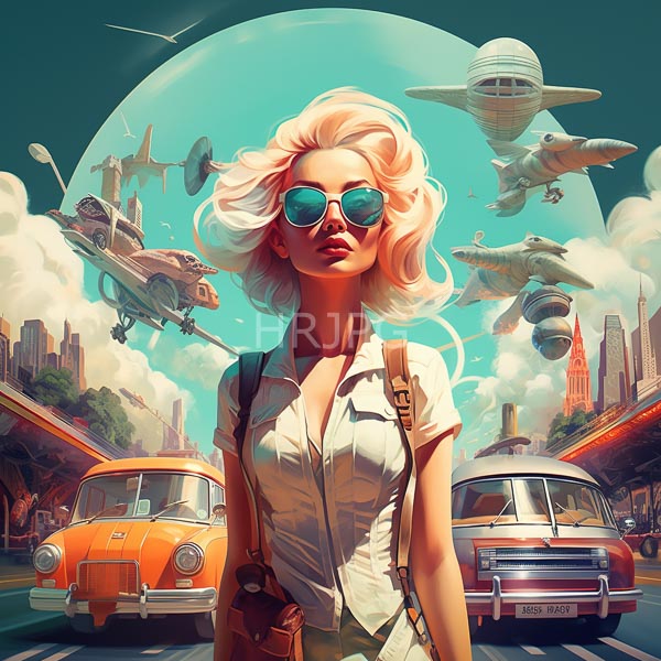 High Resolution: Blonde woman wavy hair wearing round blue sunglasses white button-up shirt brown shoulder bag She stands confidently futuristic city download. | HRJPG.com