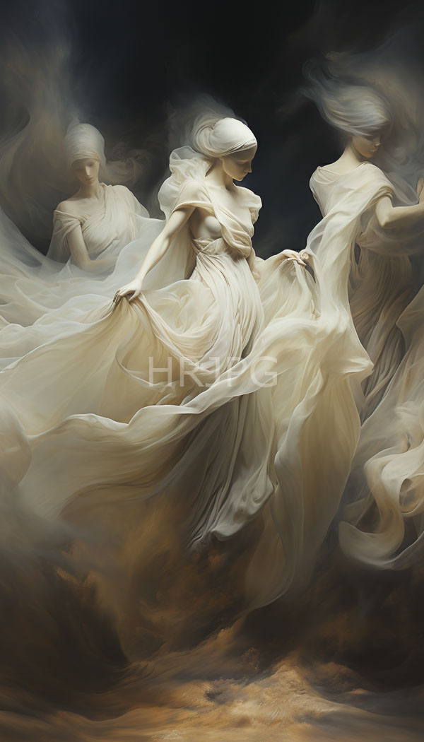 High Resolution: Three ethereal white marble-like women flowing translucent dresses set against dark cloudy central figure serene expression holds her dress download. | HRJPG.com