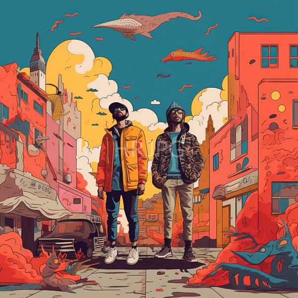 High Resolution: Vibrant surreal style two men standing colorful apocalyptic urban street man left wears yellow jacket black beanie and blue download. | HRJPG.com