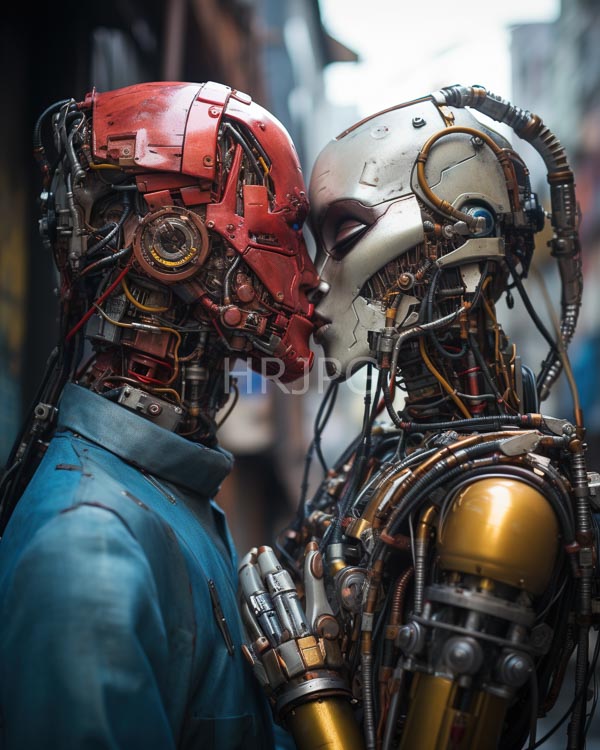 High Resolution: Two humanoid robots kissing left robot has red mechanical head exposed wires wears blue shirt download. | HRJPG.com